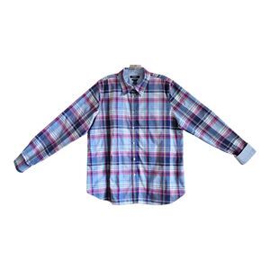 CHAPS by Ralph Lauren Women XL Plaid Striped Contrast Cuff Button Up No Iron 44"